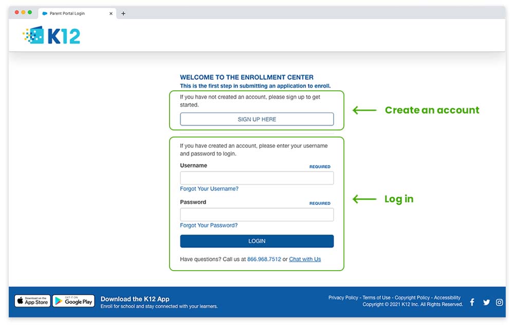 Screenshot of K12 Parent Portal showing login and create account buttons